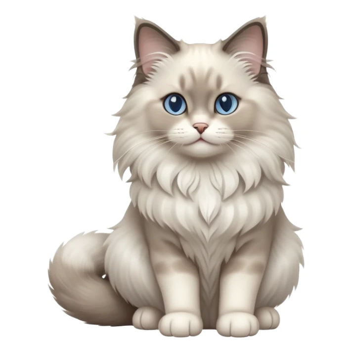 cinematic-[Ragdoll cat]-realistic-full-body-sitting-emoji,-tail-curled-playfully-around-its-paws,-head-tilted-dramatically,-fluffy-[grey ragdoll cat]-fur,-simplified-yet-realistic-focused-features,-highly-detailed,-glowing-with-an-almost-sarcastic-glow sticker