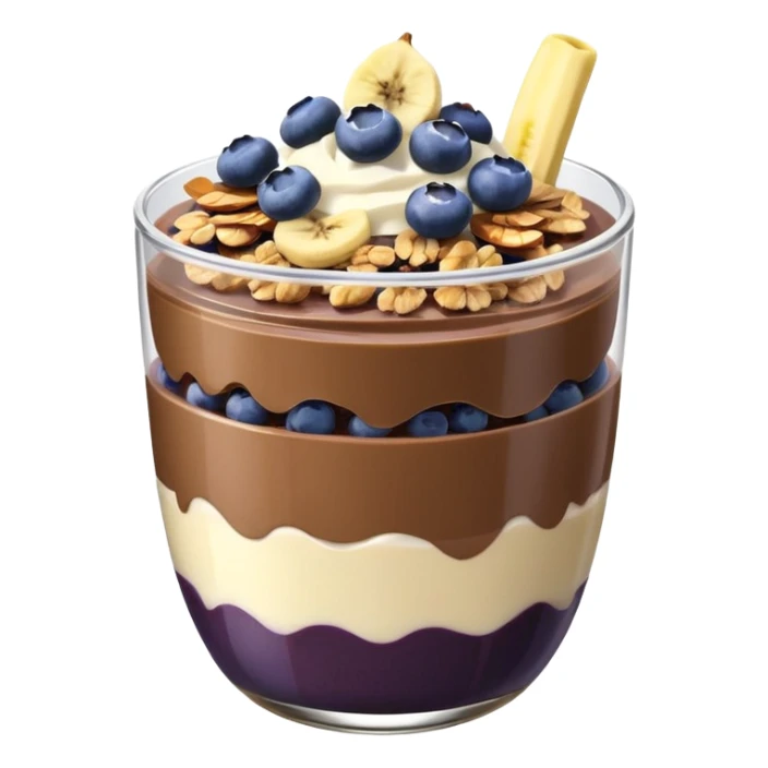 Açai bowl in a clear cup with layers of biscof , nutlella, granola, condensed milk and banana sliced and blueberrys on top sticker