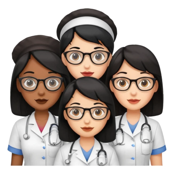 Genera un emogis con cuatro enfermeras pelinegra juntas, entre ellas una con lentes y otra con lunar encima del labio sticker
