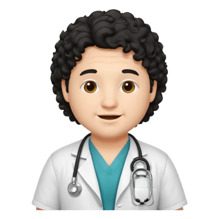 a young chubby male doctor with black long curly hair and cheerful face without gpasses sticker