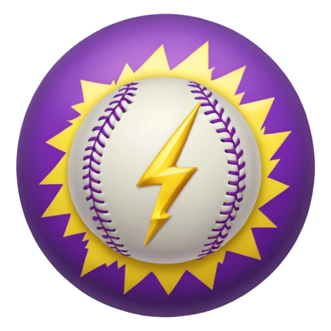 Baseball with purple seams with a yellow lightning bolt on it sticker