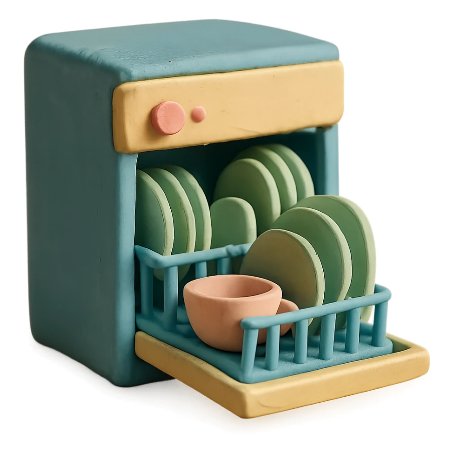 claymation style dishwasher with open door and clean dishes inside, pastel colors, visible fingerprints, soft matte finish sticker
