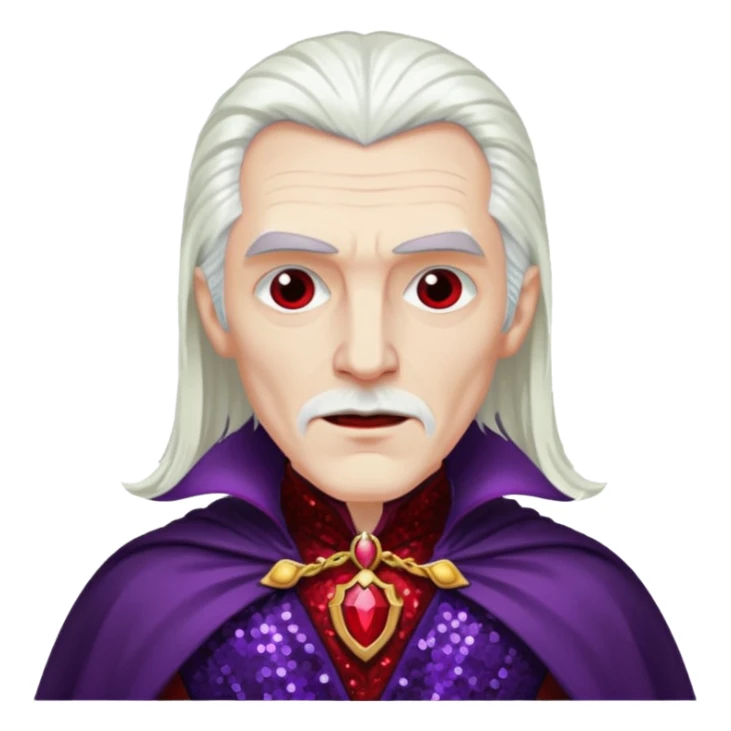 Dracula with long white hair, dark purple sequin suit, dark red sequin cape sticker