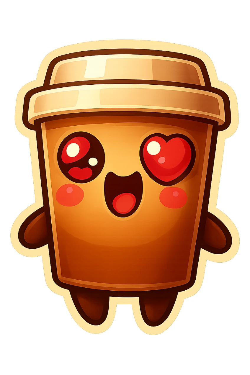Tall coffee cup, extreme flirty, gushing with love, dramatic sticker
