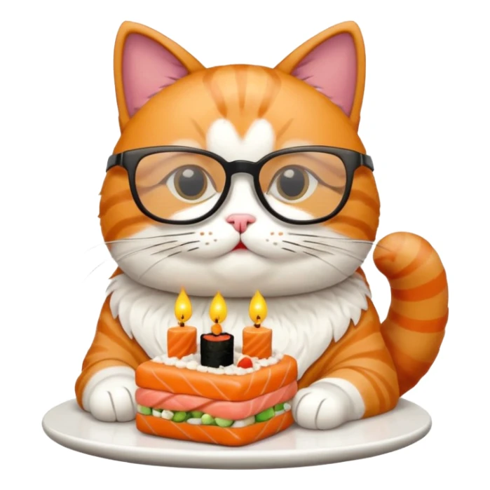 cat with cool square shaped glasses eating a birthday cake made out of sushi sticker