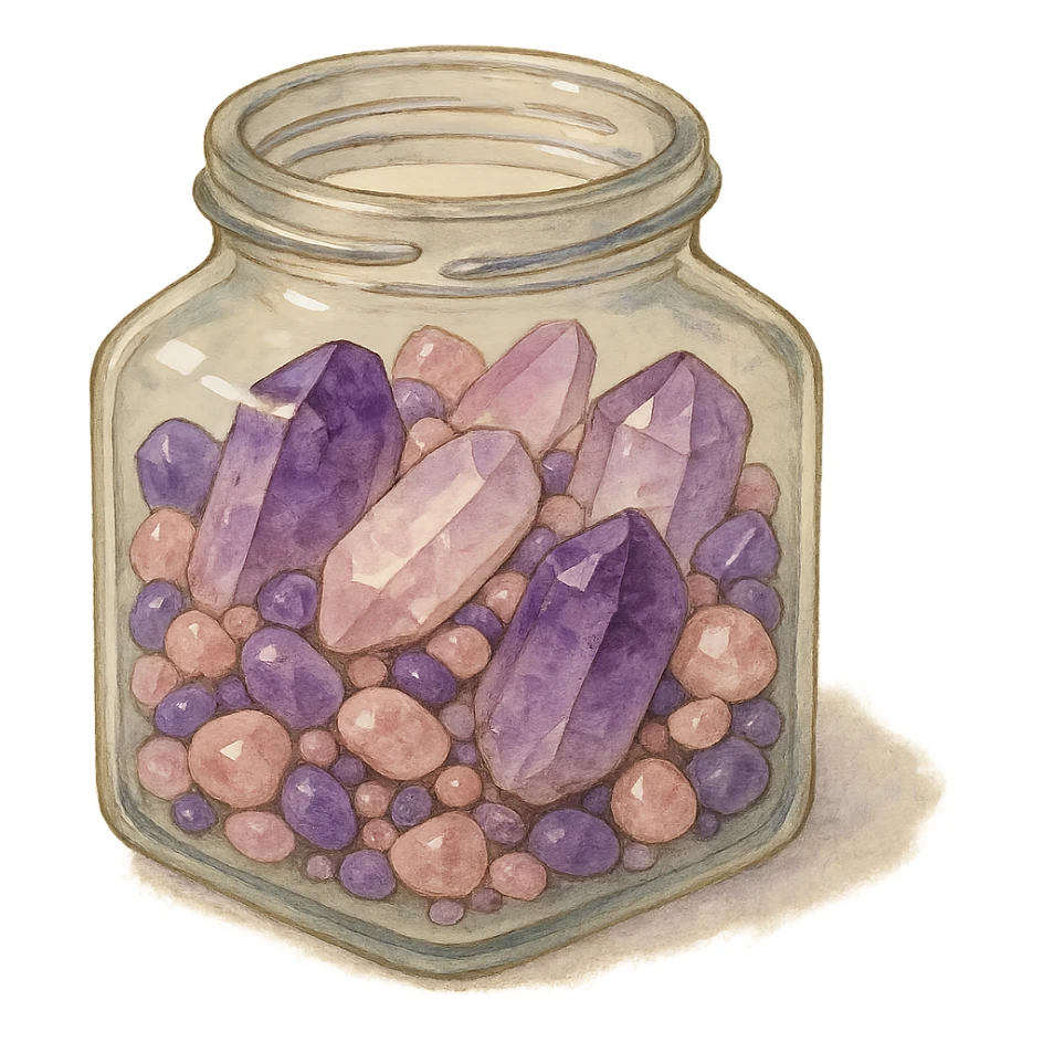 realistic amethyst and rose quartz crystal pieces in an open glass jar, different shapes and sizes, pretty small pebbles, mixed together, natural colors, soft, fairy-like atmosphere, no background, square size sticker