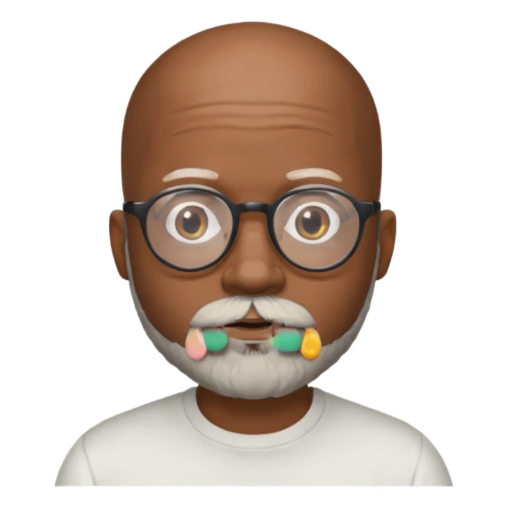 African american male, bald, salt and pepper beard. Round face, glasses sticker