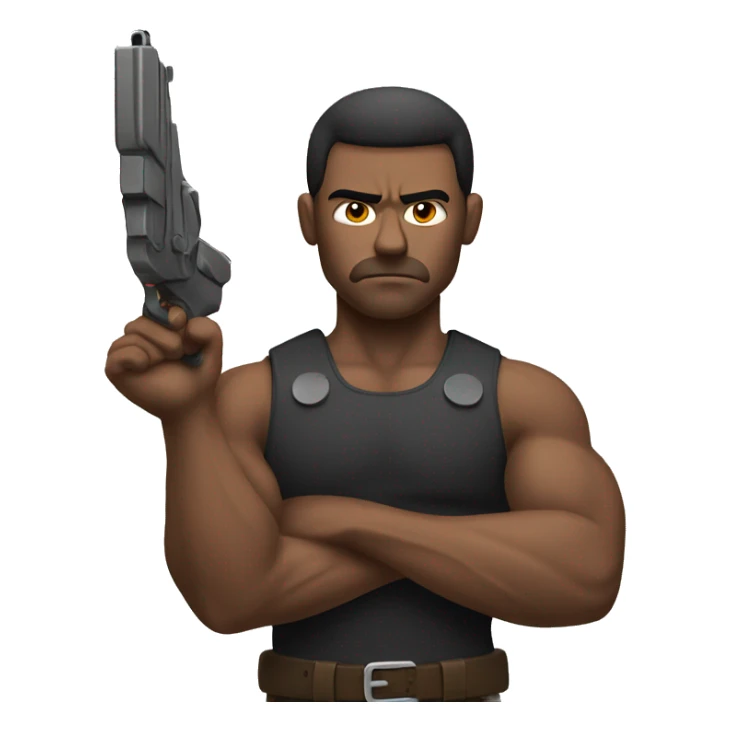 a sad muscular man with a gun sticker