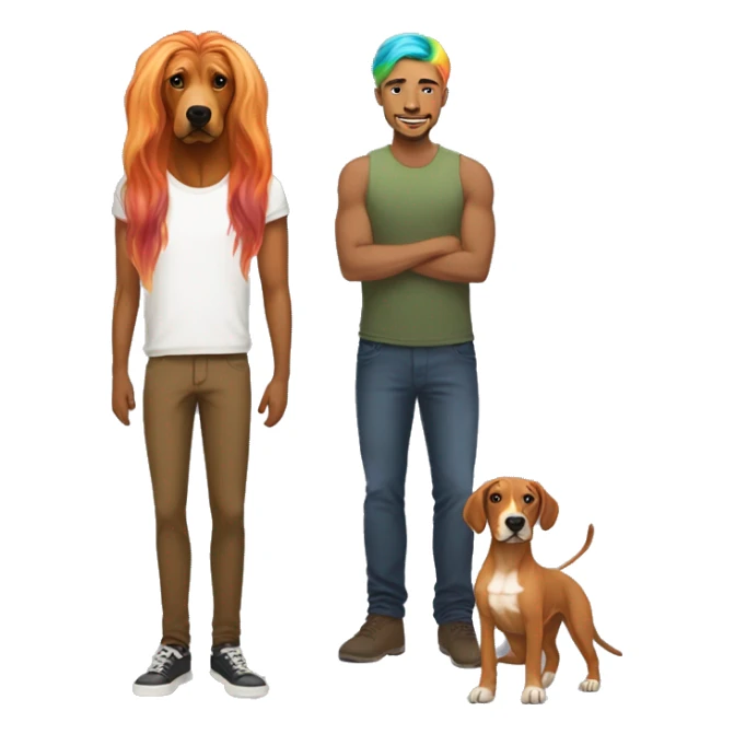 white male with long rainbow colored hair standing alongside a brown rhodesian ridgeback sticker