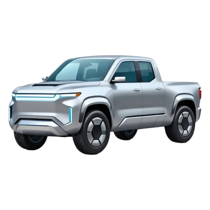 A futuristic electric pickup truck emoji, silver chrome body, angular cyber design, smooth metallic panels, subtle reflections, minimalistic proportions, iOS emoji style, centered composition, clean white background, soft lighting sticker