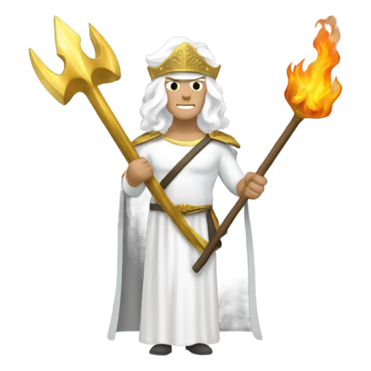 white man Poseidon with gold Trident. long white hair white dress.  with firefighter helmet sticker