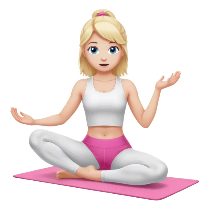 A cinematically realistic blonde with long hair and blue eyes, dressed in a white top and pink leggings, performs a sports exercise on a mat sticker