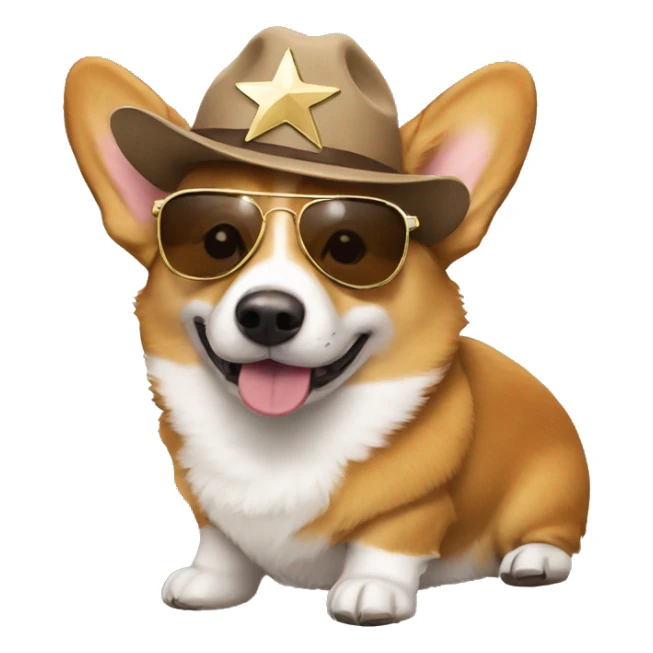 Corgi wearing shades and a brown fitted hat with a star on it sticker