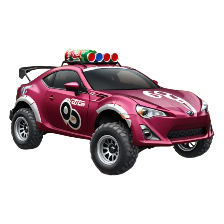 Distressed rusty old Extended wheelbase 2013 scion fr-s dark black cherry off road 4wd monster Baja dessert stadium racer number 86 with long travel suspension, shiny silver wheels, exaggerated black fender flares, made out of discarded Pepsi cans  sticker
