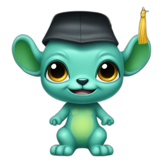 cutie alien whole body similar to stitch with a college mortarboard sticker