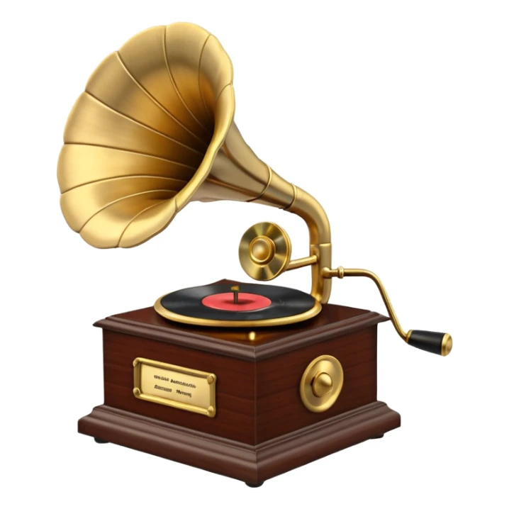 3D render of Gramophone, vintage 1980s audio equipment aesthetic, tactile analog buttons, polished brass gold horn with a dark mahogany wood base, mixed wood grain and brushed aluminum textures, Apple emoji style, isolated on white background --v 6.0 sticker