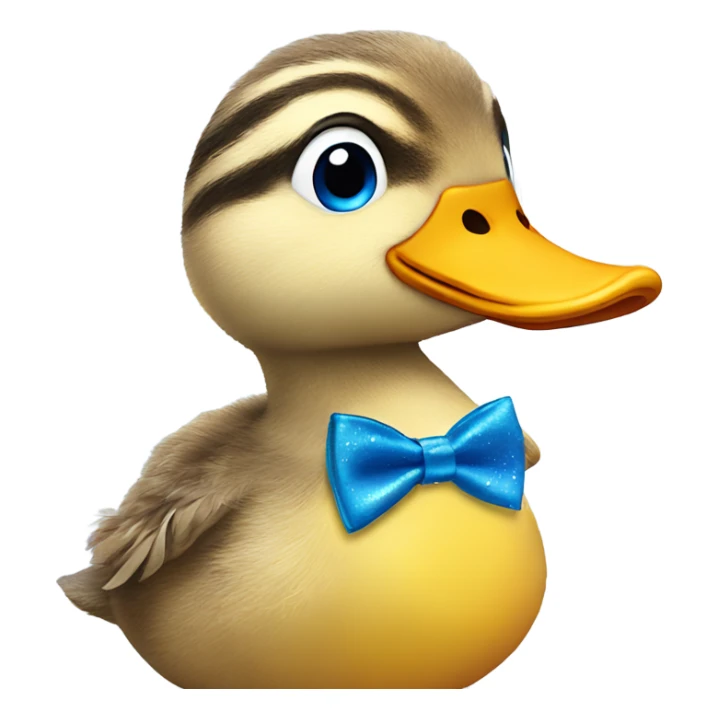 a duckling with blue eyes, Rosey cheeks, and has a blue, sparkling/glittery tie on sticker