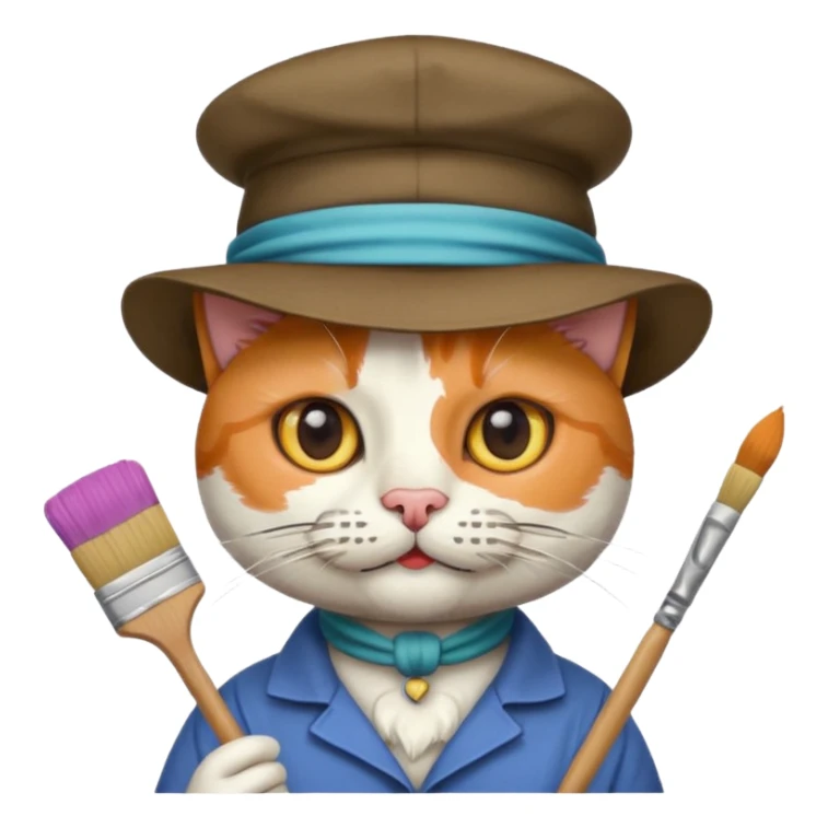 A calico cat with a mustache and Picasso hat and a paint brush sticker