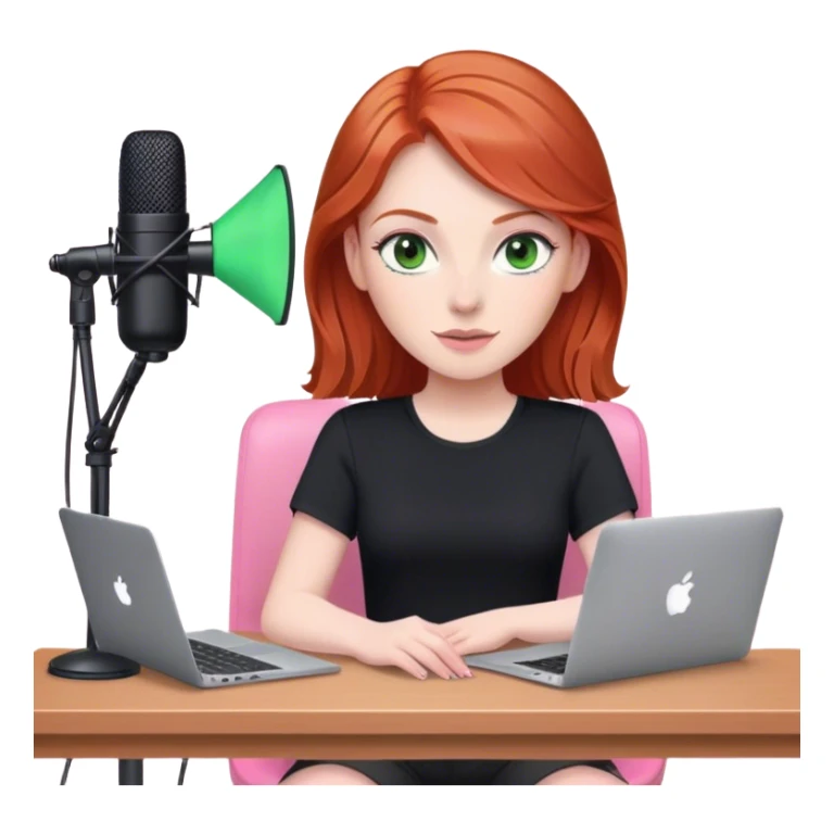 Redhead with green eyes sat at desk with pink MacBook and  podcast microphone black top and pink chair  sticker