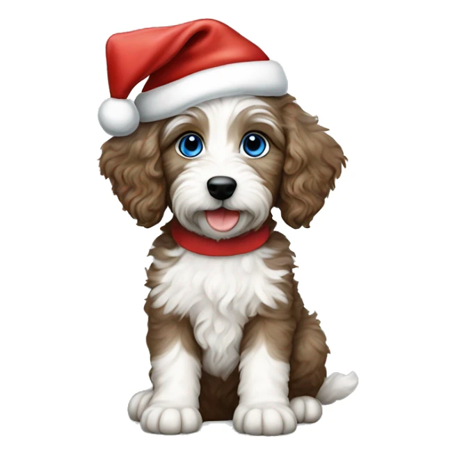 Aussidoodle puppy with blue eyes wearing Santa hat and red bow sticker