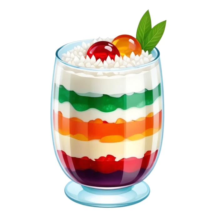 chè ba màu, vietnamese three color dessert, glass cup with vibrant layers, sweet beans and jelly sticker