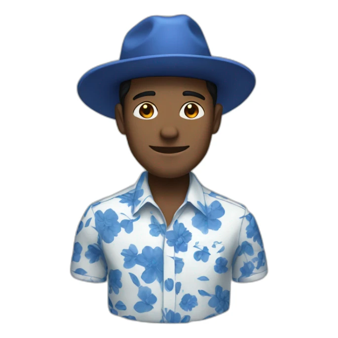 White Man with black hair, strip blue flowered shirt, brown hat sticker