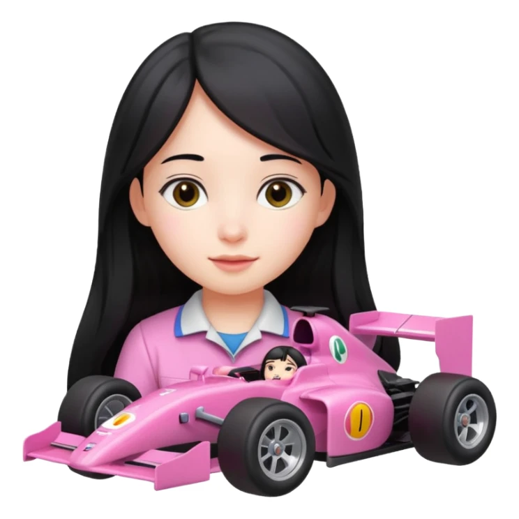 long black haired girl kid playing pink colored formula 1 car toy sticker