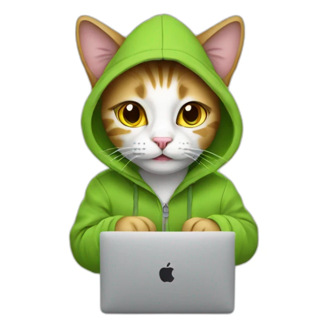 cat with hoodie and a macbook sticker