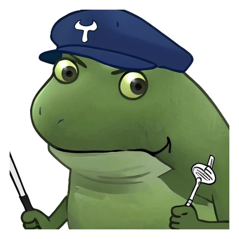Bufo playing golf with a golf club and a Taylor made golf hat sticker