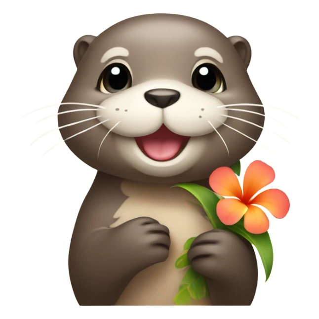 A happy and cute otter face holding a Hawaiian flower sticker