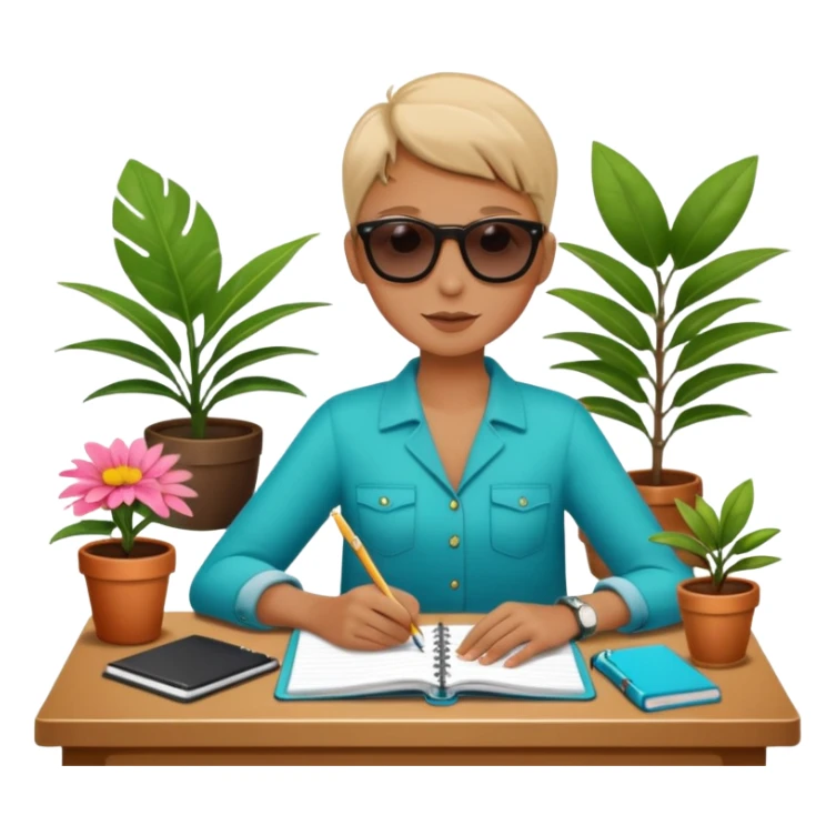 DE VACACIONES y detrás un escritorio moderno, con una notebook, una agenda y una planta con una flor sticker