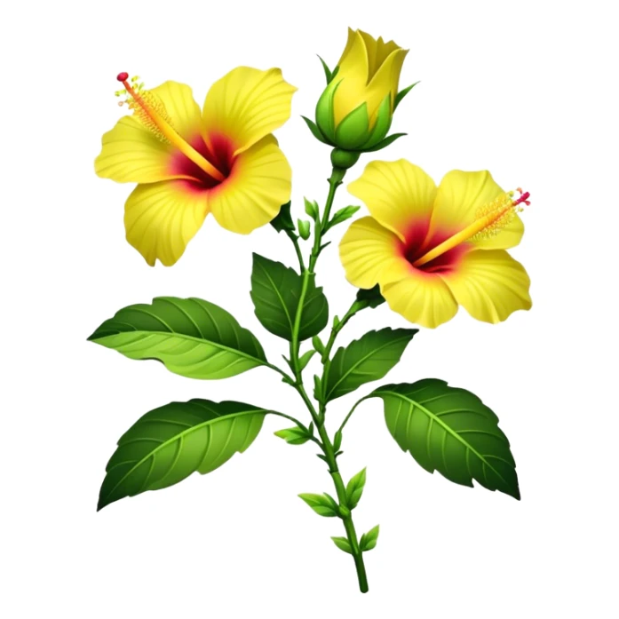 bouquet yellow Hawaiian hibiscus, luxuriant, stem, leaf, bud sticker