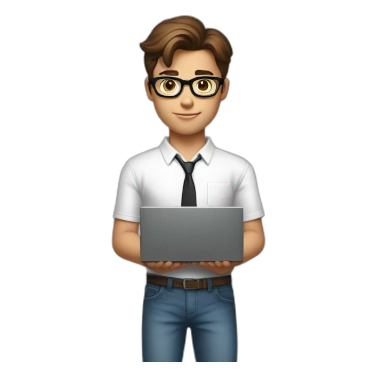 front view of young clark kent wearing white t-shirt using a laptop sticker