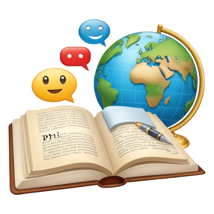 An icon featuring an open book, a speech bubble, and a pen, symbolizing philology and linguistics. The design includes a globe with language characters and grammar symbols, representing the study of languages and literature. Transparent background highlights language analysis. sticker