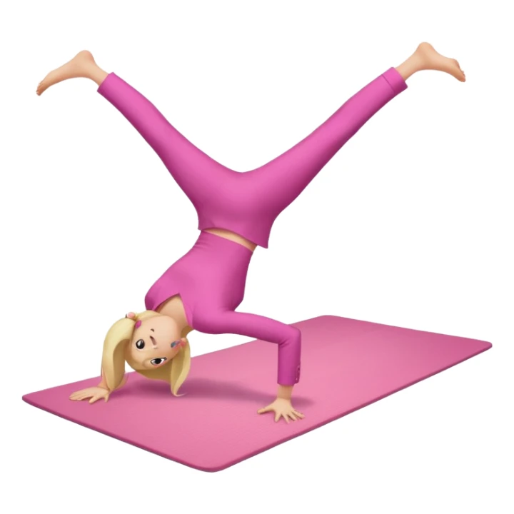 A fair-haired girl in a pink suit does a back bridge on a mat sticker