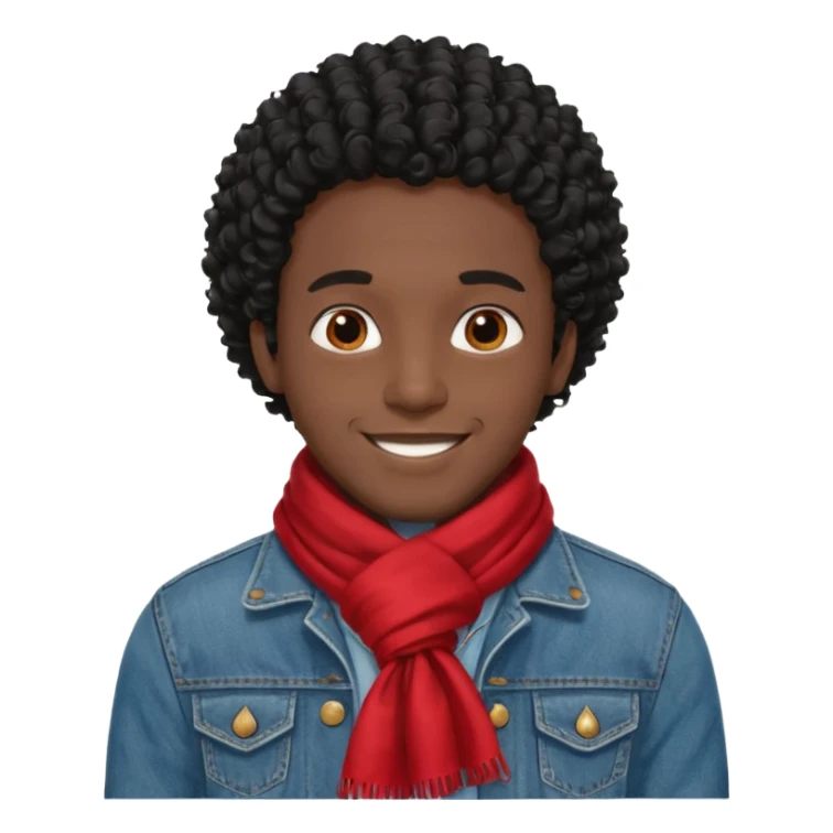 black skin man, curly black hair wear red scraft, jean jacket sticker