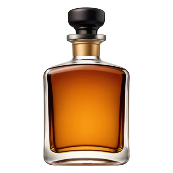 short square-shouldered glass bottle filled with rich amber-brown liqueur, dark glossy glass, wide black or dark brown cap, compact elegant silhouette, no label, no garnish, sealed bottle, soft lighting, subtle shadows, emoji scale sticker