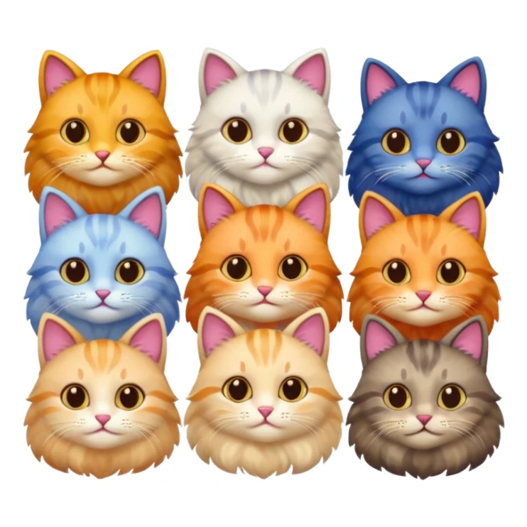 6 realistic looking cats with different natural coloured coats, assorted grey and white, greys, calico colours etc
 sticker