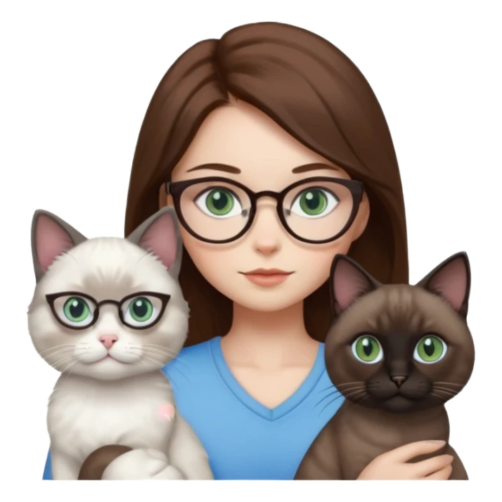 O data cu parul saten ,ochii griji-albastrii ,ochelari și codițe de pisica ..și langa o pisicuță alba pufoasa ,cu ochii verzi și o a doua pisica siameza pufoasa cu capul maro -negru și coada ,restul corpului un maro deschis spre alb  , ochii albaștrii  sticker