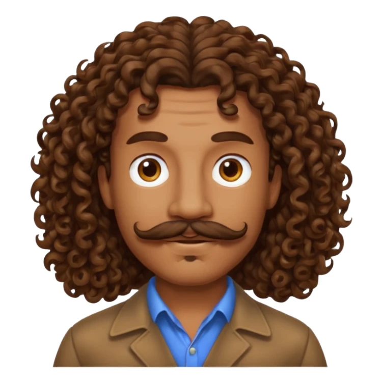 Man with long brown curly hair and mustache sticker