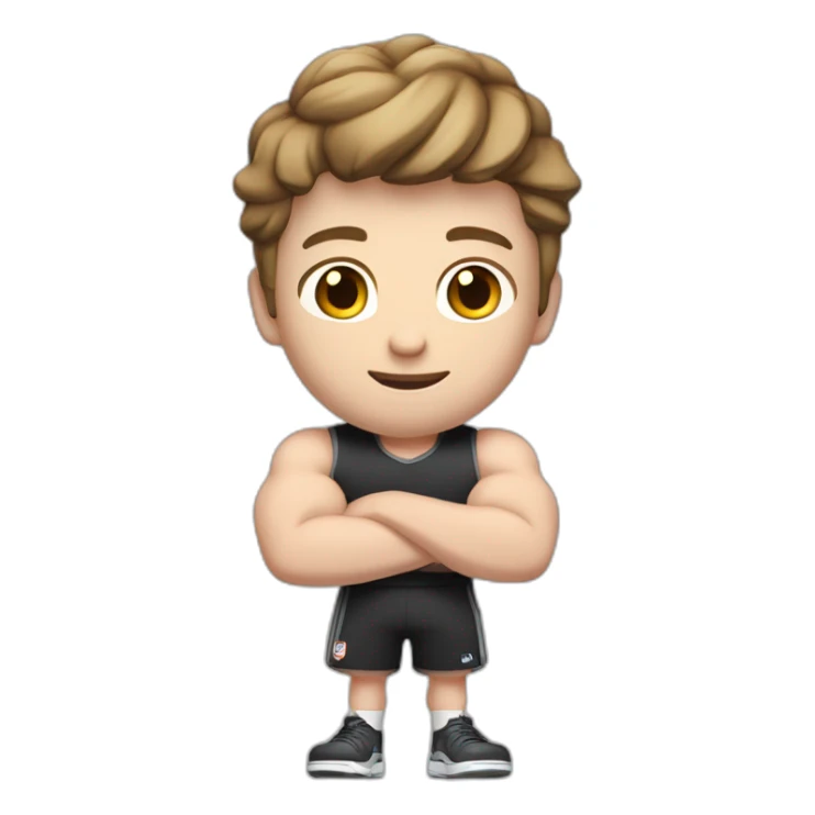 Close up Actively gesturing  with hands Pale skinned Fit Man With the biceps and brown hair in dark gray Sleeveless Mike, black oversize sports shorts, watch and white Sneakers sticker