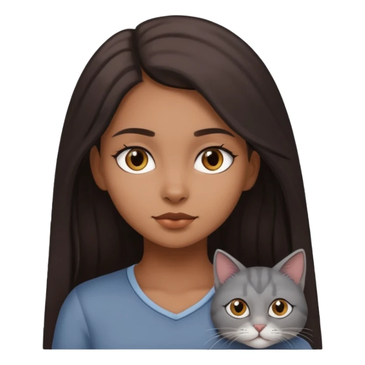 Brown girl with long dark hair with a grey cat sticker