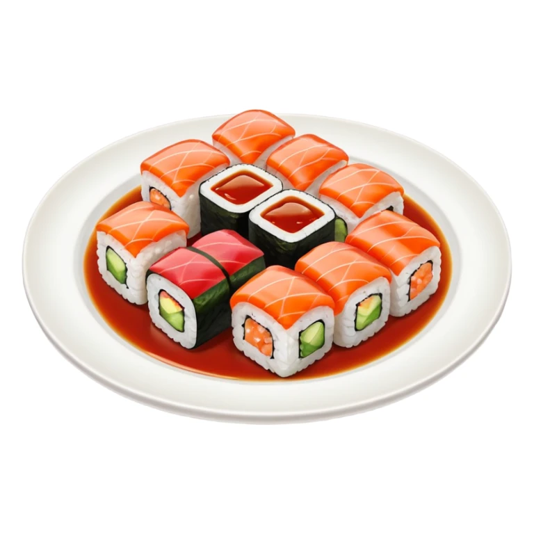 Sushi rolls with sauce on top in a plate sticker