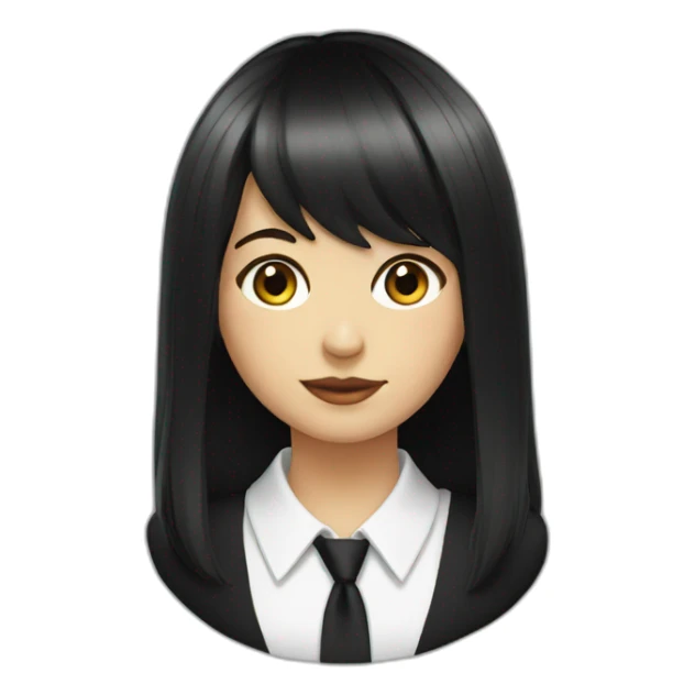 white female bangs black straight hair white shirt black tie sticker