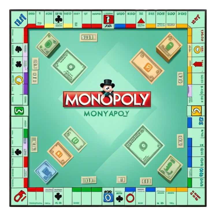 A photorealistic icon featuring a Monopoly board with property spaces, colorful game tokens, dice, and stacks of money. The design includes detailed textures of the board, cards, and tokens, capturing the essence of the Monopoly game. Transparent background, symbolizing Monopoly and board games. sticker