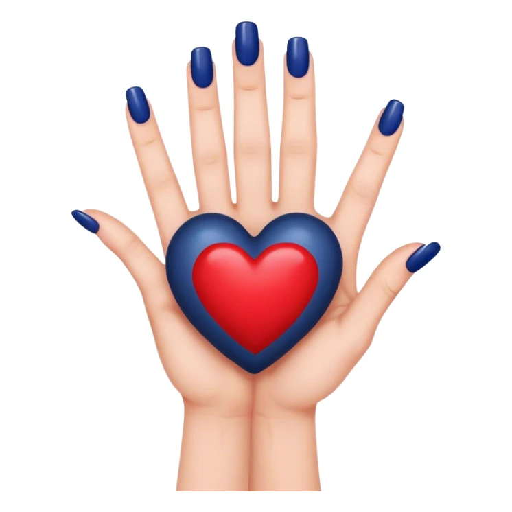 
a hand with a red manicure holds a dark blue heart with two fingers sticker