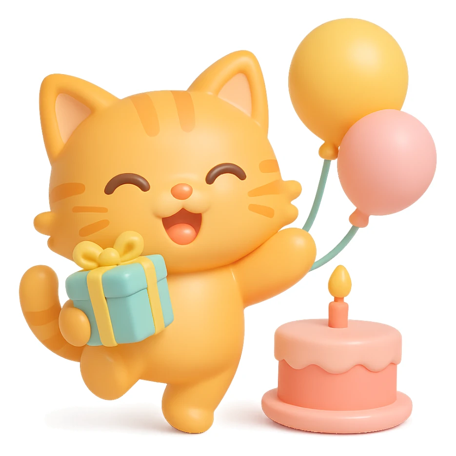 ginger tabby kitten jumping with joy, holding a birthday gift, birthday cake and balloons in background sticker
