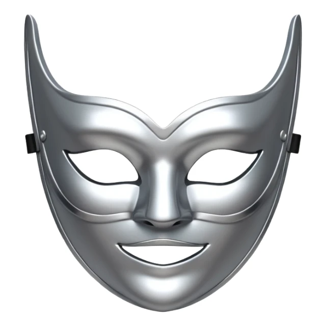 A sleek masquerade mask emoji made of polished silver chrome, smooth sensual curves, reflective metallic surface, mysterious sexy luxury vibe, minimal iOS emoji style, centered, clean white background sticker