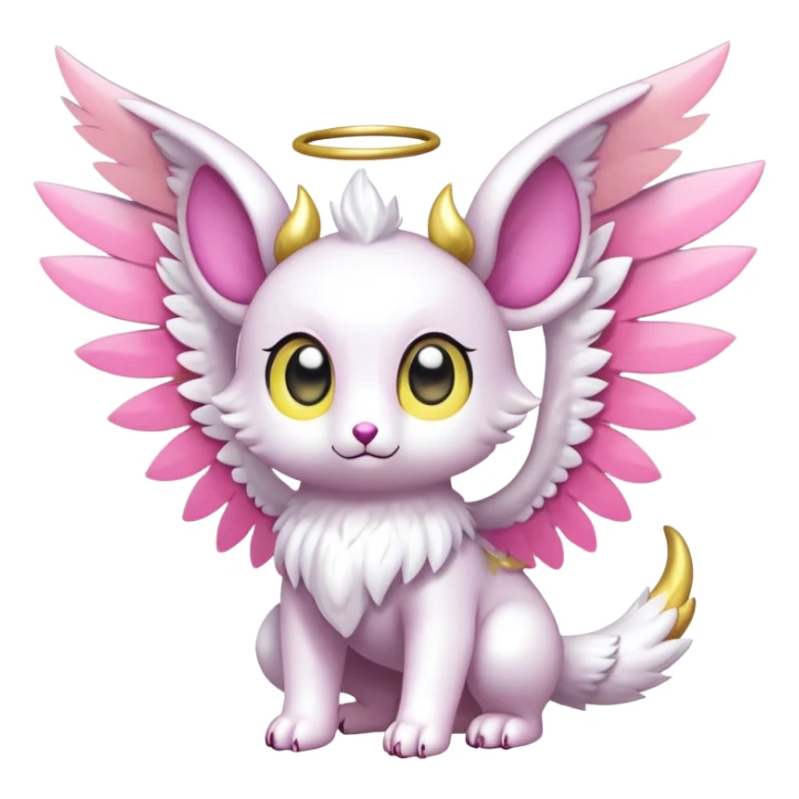Shiny epic glittery divine white yellow pink animal-fakemon-creature with head-ear-wings, cute, adorable, big eyes sticker