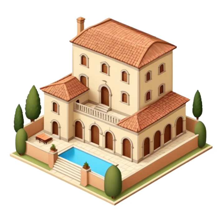 Italian Tuscan villa, isometric dollhouse-style, realistic sticker